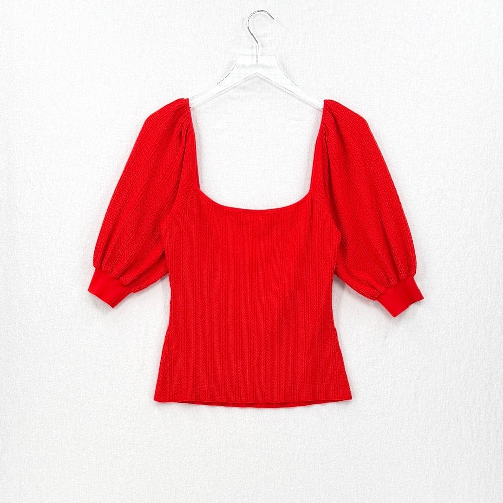SEZANE Alessia Top Womens Large Red Square Neck Knit Puff Sleeve Sweater French - Picture 5 of 16